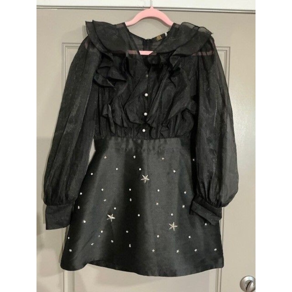 HA Boutique Black Ruffle Pearl bottons Sheer Top Satin Dress/shorts NWT Sz L
